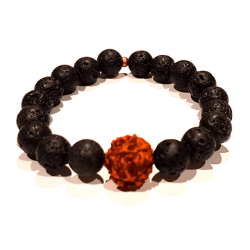 Overhead shot of Alignment Bracelet – 5 Mukhi Rudraksha & Lava Stone on white background